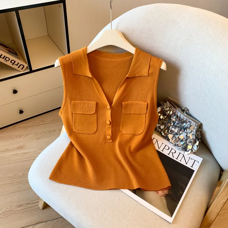 老钱风polo领针织背心女夏季新款法式气质慵懒风通勤翻领无袖上衣