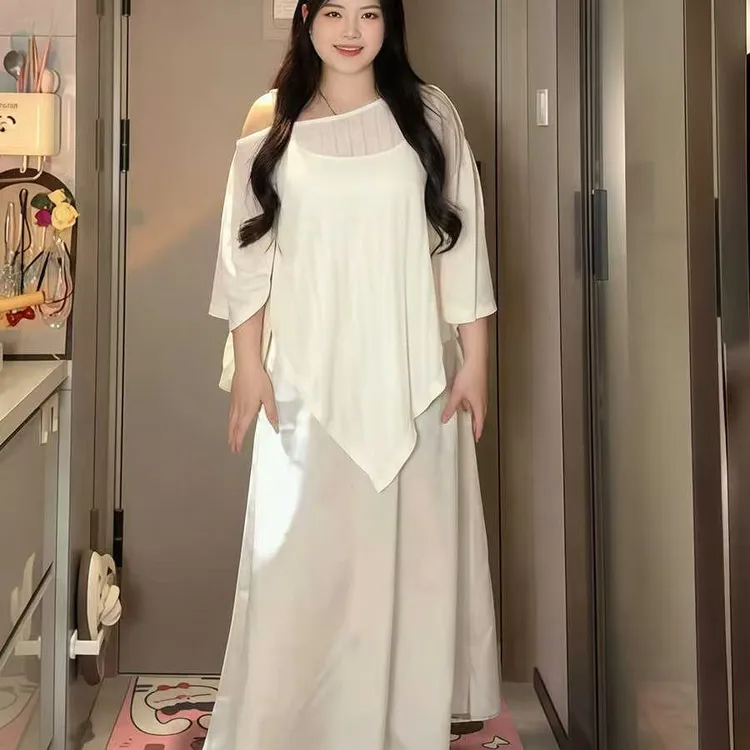 大码女装早秋宴会连衣裙针织罩衫胖mm通勤新款显瘦宽松吊带连衣裙
