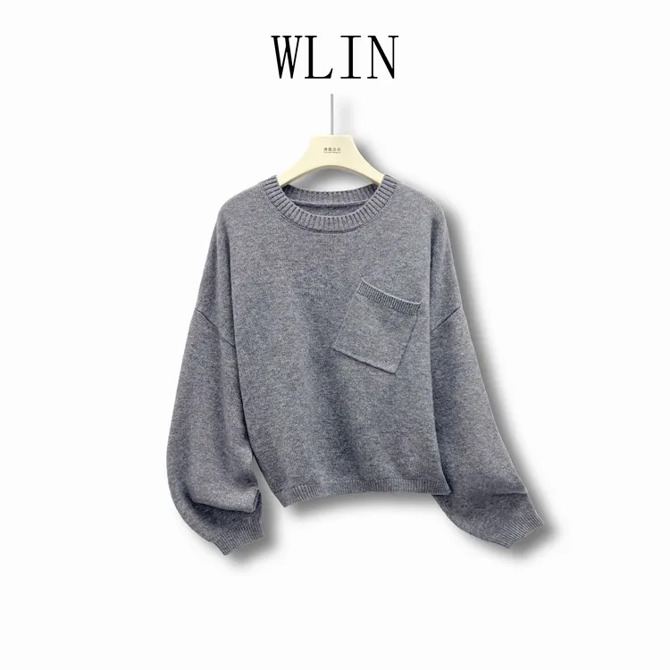 WLIN 百分百羊毛圆领口袋宽松舒适女士针织衫WL61099