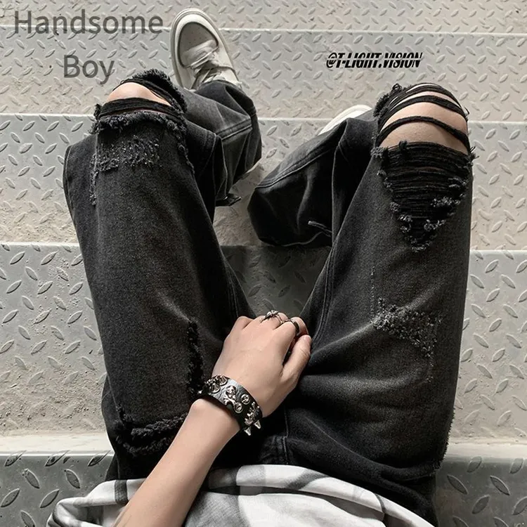 夏季薄款宽松破洞显瘦高腰百搭潮流ins牛仔裤男士通用中腰直筒长