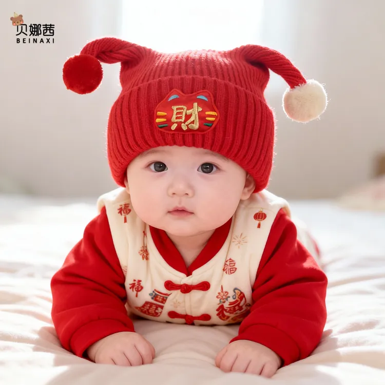 Beinaqian/贝娜茜婴儿帽子秋冬宝宝卡通红色毛线帽婴幼儿针织周岁
