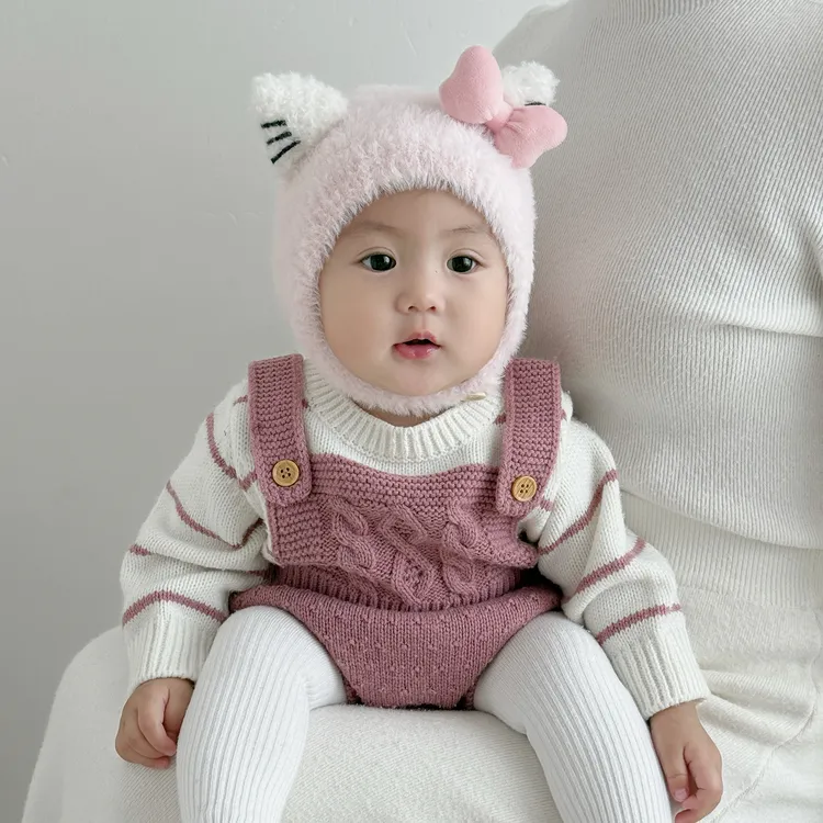 儿童帽子秋冬季防寒保暖护耳帽蝴蝶结男宝女宝针织帽婴幼儿包头帽