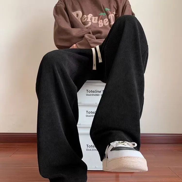 保威特·犀牛美式灯芯绒裤子男春秋垂感宽松直筒阔腿裤休闲裤