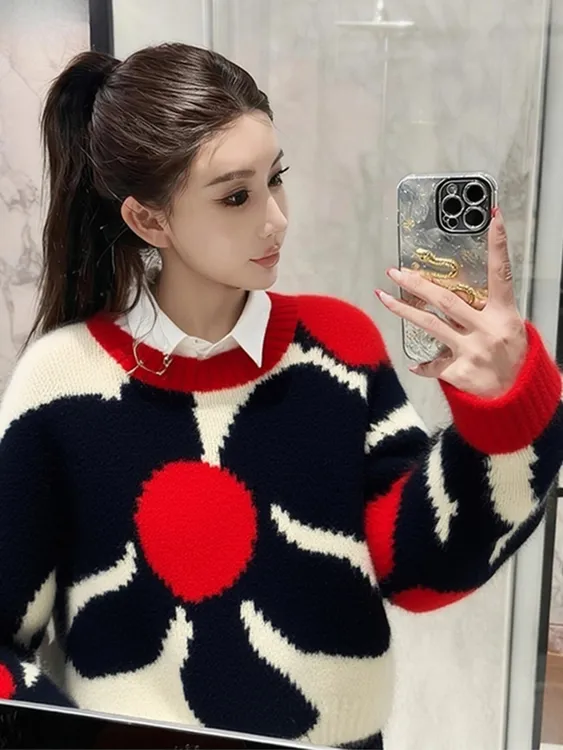 韩系氛围感冬季高级小众不撞款洋女气减龄软糯慵懒风花朵针织毛衣