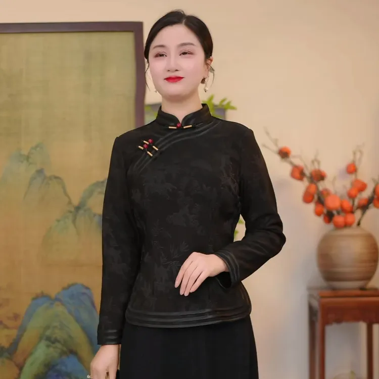 瓷萱【玄墨竹影】冬季国风复古旗袍上衣厚款加绒长袖提花气质设计师