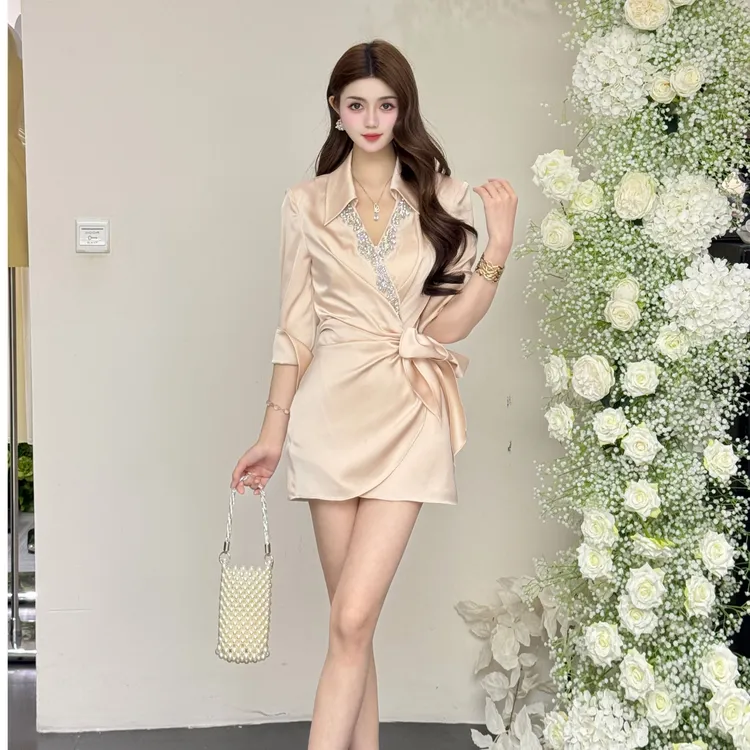 【绮韵蝶裙】修身收腰气质连衣裙衬衫袖法式香槟轻奢25127