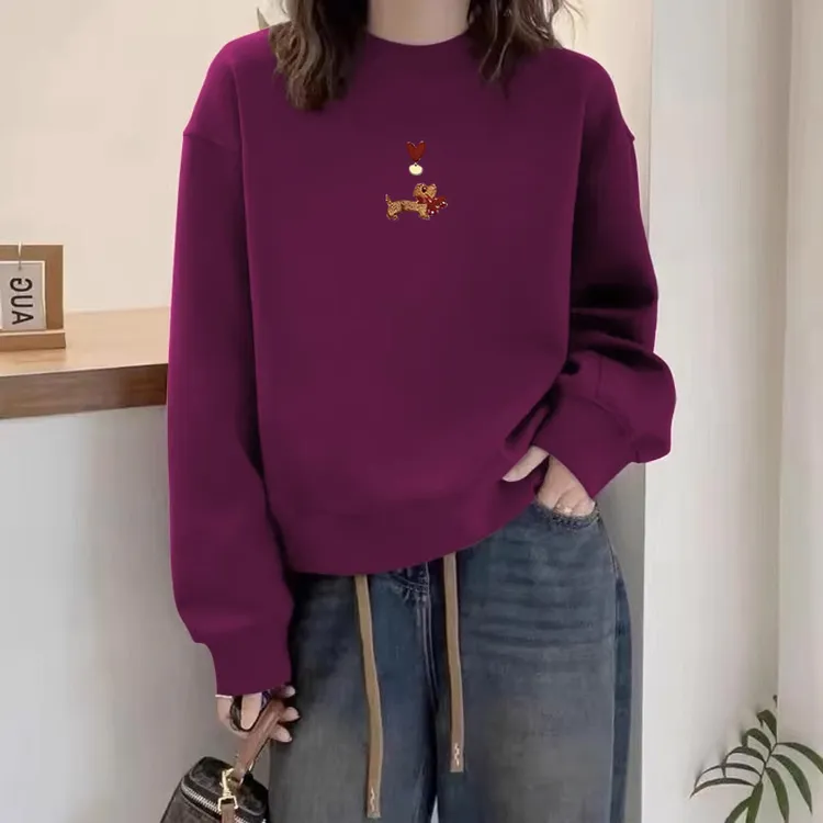 多巴胺圆领套头打底衫加绒加厚卫衣女2025春秋季新款宽松韩版外套