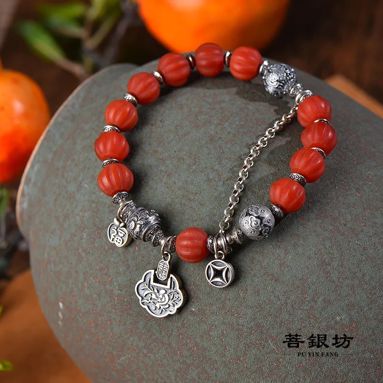【菩银坊】S925银 玛瑙 古法银瓜珠牡丹锁手链 国风
