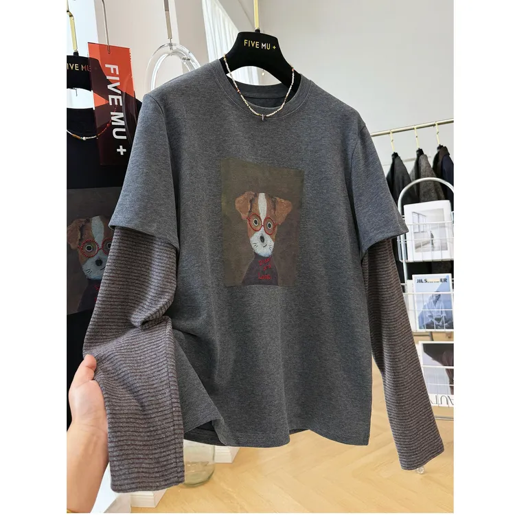 韩系穿搭卡通印花减龄假两件磨毛长袖T恤女秋冬打底衫巨好看上衣
