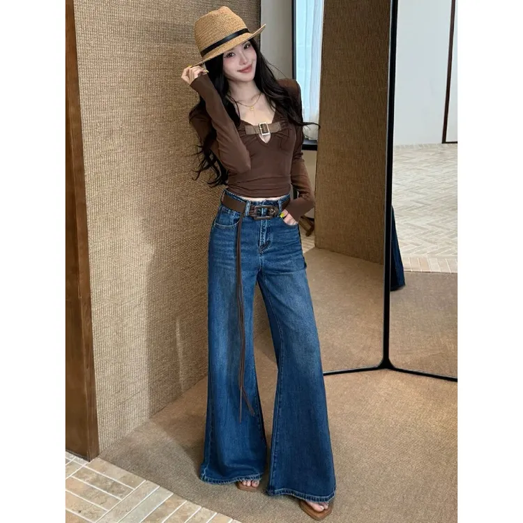 入眼夏季女装新款高腰显瘦弹力包臀辣妹大喇叭裤牛仔裤裤子宽松显