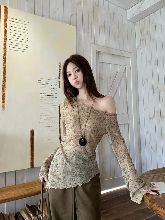 复古韩系辣妹穿搭套装晕染不规则长袖针织衫女装慵懒抽绳