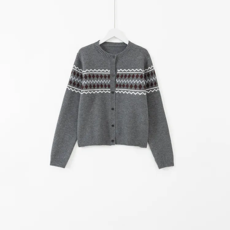 几里与麻 复古圆领菱格提花针织开衫 衣长53胸围100 2092644