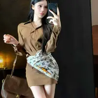 【海岛简爱】D韩系气质高级感衬衫+半身裙套装配丝巾9863