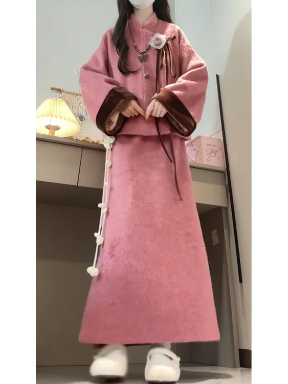 秋冬穿搭一整套复古新中式国风毛呢外套搭配百搭半身裙气质两件套