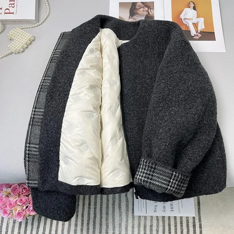 高端气质灰色棉服女2025秋冬新款宽松显瘦加厚夹棉外穿毛呢外套