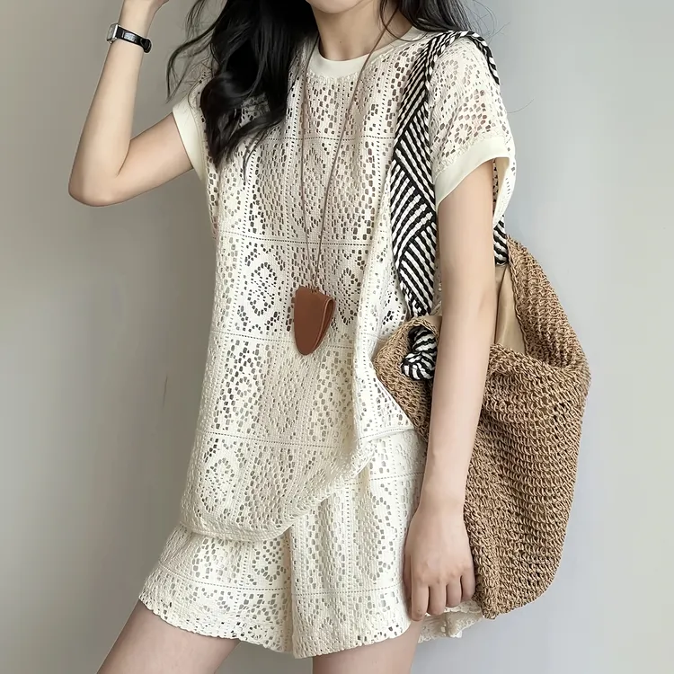 法式假日休闲镂空套装显瘦气质三分袖洞洞少女系夏秋套装XW058