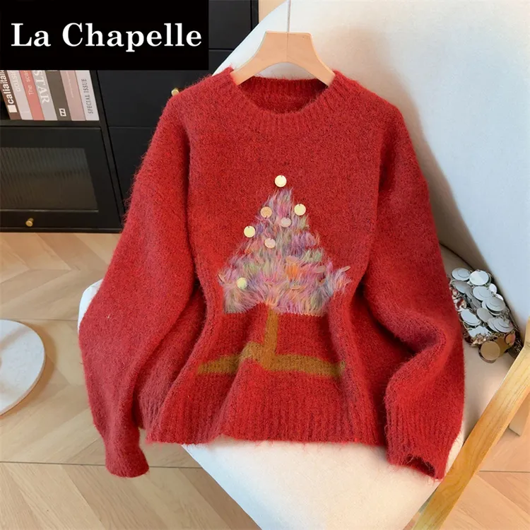 拉夏贝尔设计感圣诞树亮片红色毛衣女秋冬大码显瘦巨好看针织打底