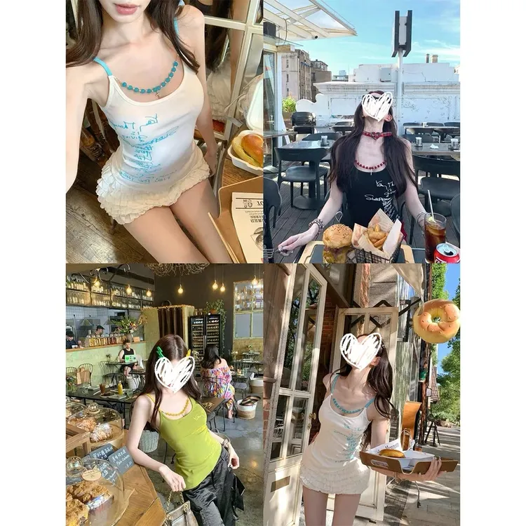  【运补6】美式辣妹串珠链条设计感印花吊带背心