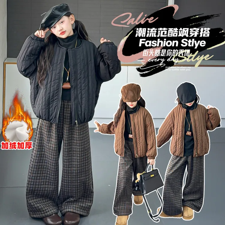 女童2025新款冬季儿童棉服加厚棉衣格子裤洋气韩范外套