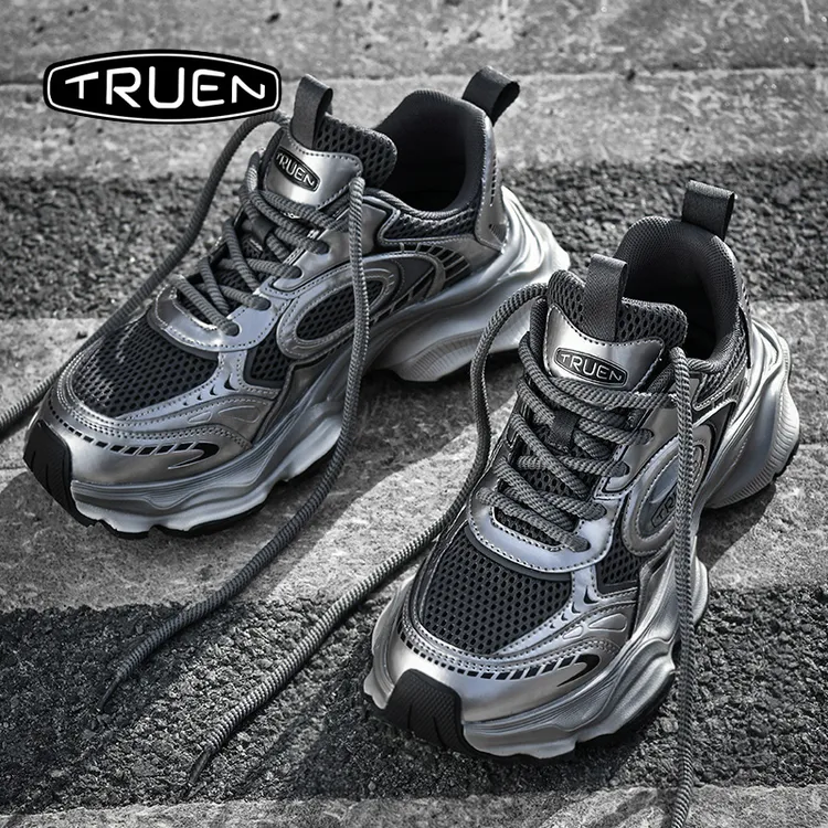 真恩老爹鞋男秋季响尾蛇银黑色网面透气休闲运动厚底增鞋子男鞋