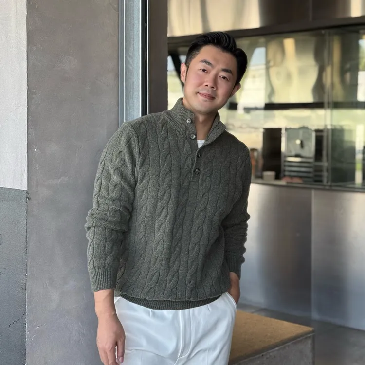 紫标同款 羊绒羊毛混纺绞花毛衣加厚 男士秋冬纽扣半高领毛衣