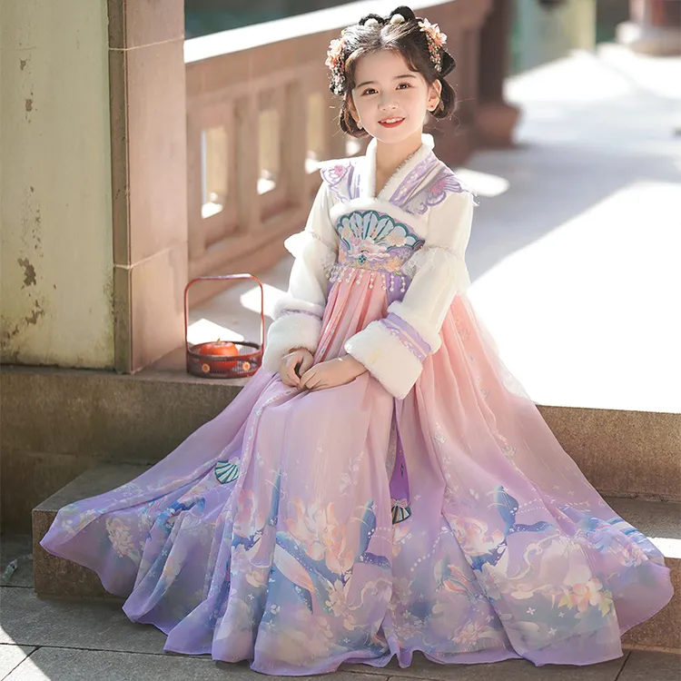 汉服女童连衣裙冬季新款加绒古风裙子儿童中国风古装秋冬款公主裙