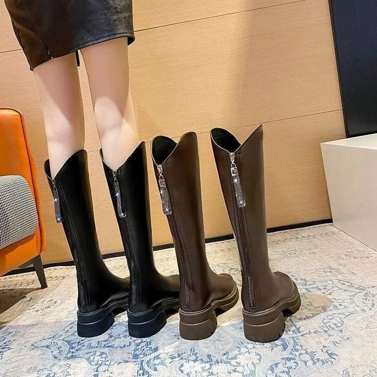 秋冬季弹力显瘦v口长筒靴女2025新款不过膝厚底骑士靴高筒女靴子