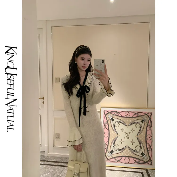 KUN【高门盛宴】目光焦点 黑色飘带提花显瘦米色长袖秋冬百搭连衣裙