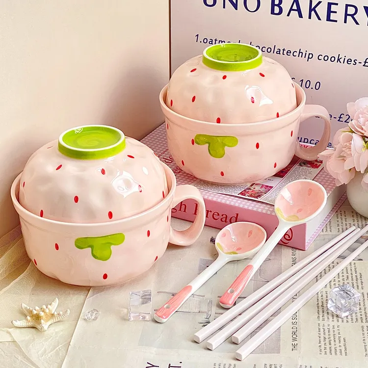 奶油风泡面碗带盖高颜值个人专用方便面碗陶瓷学生打饭碗筷套装pv