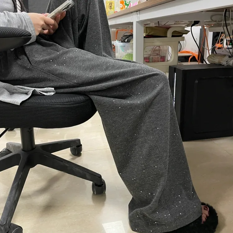 300斤大码闪钻慵懒糯米裤女秋冬加绒高腰宽松显瘦垂感软糯阔腿裤