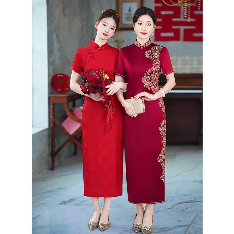高端醋酸手推绣喜婆婆婚宴礼服改良长款旗袍连衣裙年轻洋气中式