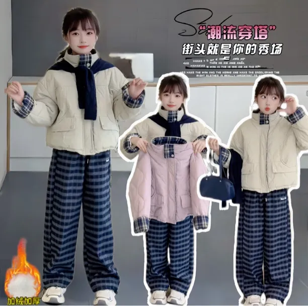 2025秋冬季新款韩系时尚洋气立领撞色格子加绒加厚披肩面包棉服