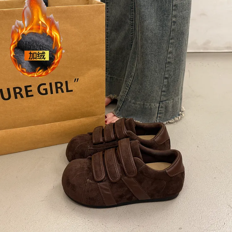 厚底秋冬季贝壳鞋时尚百搭设计增高头加绒外穿休闲鞋新款女魔术贴