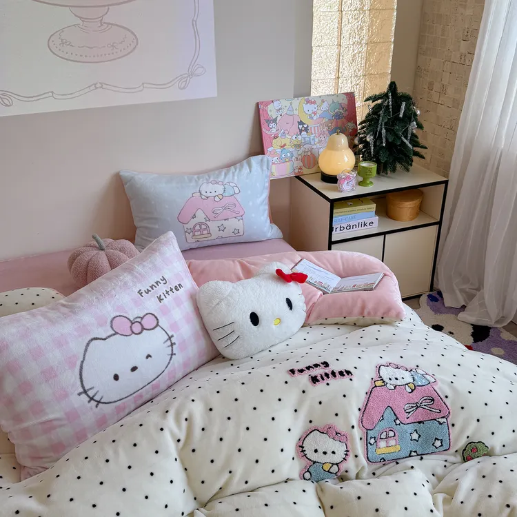 混搭波点少女心可爱卡哇伊秋冬加厚牛奶绒毛巾绣四件套-猫咪小屋