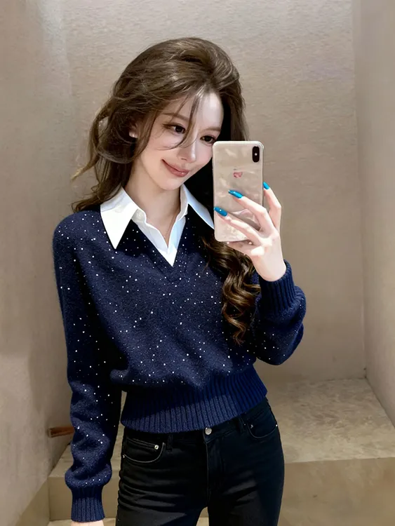 小香风针织上衣女冬巨好看高端气质独特漂亮设计感蓝色假两件毛衣