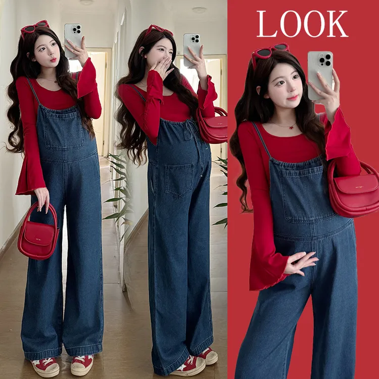 时尚孕妇初秋新款前后两穿阔腿牛仔背带裤搭配红色喇叭袖上衣套装