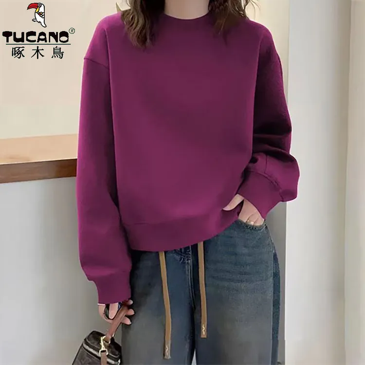 啄木鸟纯棉春秋圆领卫衣女宽松显瘦减龄高级感纯色气质女装上衣服