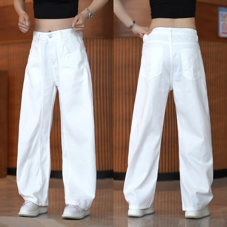 美式休闲白色牛仔裤男潮牌简约宽松直筒裤高级感百搭拼接阔腿长裤