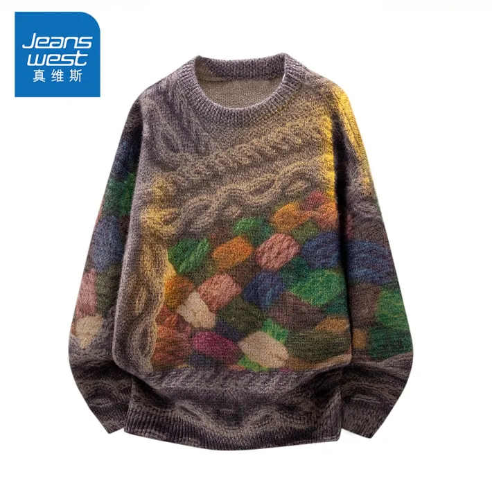 真维斯美式潮流圆领毛衣男士秋冬季懒风复古休闲宽松百搭针织衫男