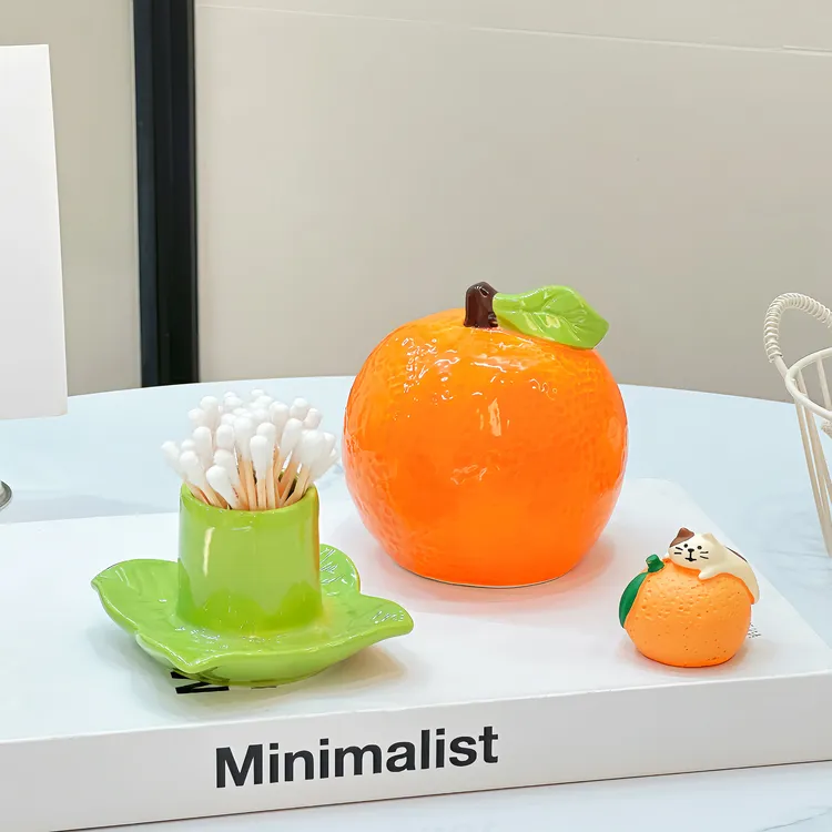 创意橘子陶瓷牙签筒家用多巴胺桌面装饰摆件棉签收纳罐牙线收纳盒