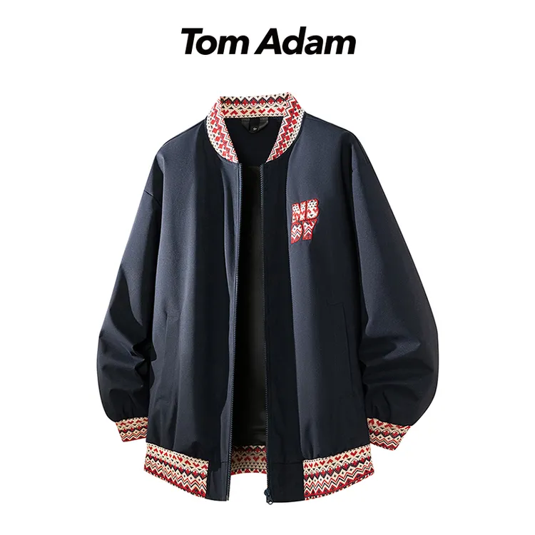 TOMADAM美式复古拼色长袖秋季基础大众刺绣夹克上衣绣花立领百搭