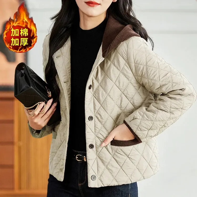 夹棉轻薄棉服外套女2024冬季保暖棉衣时尚拼接洋气减龄妈妈小棉袄