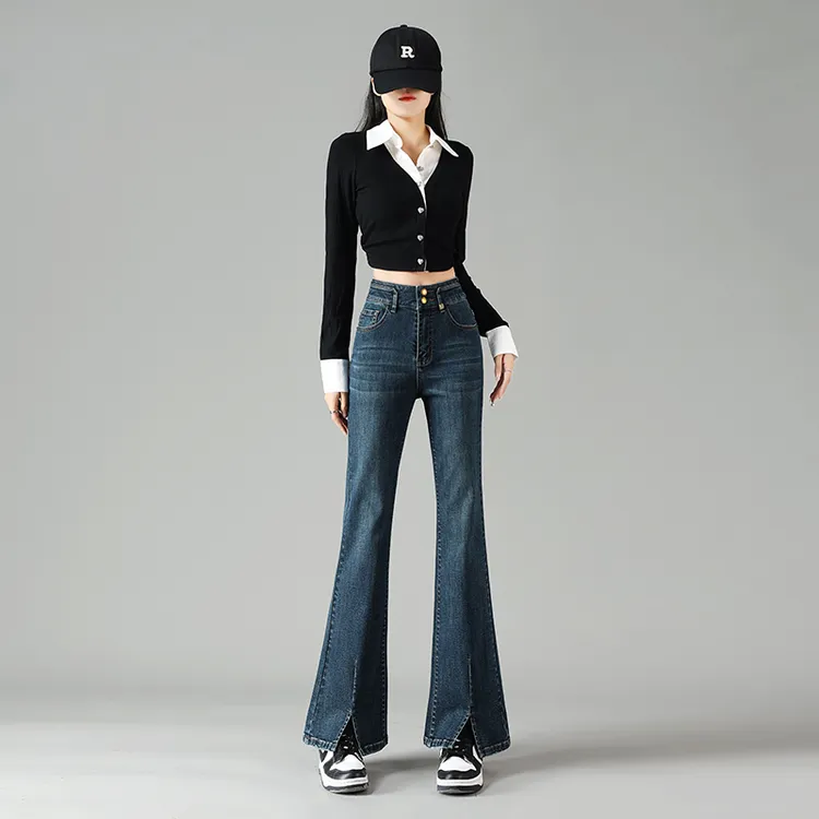 高智淡人2025年春季新款高腰开叉马蹄裤阔腿微喇牛仔裤