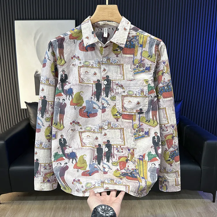 春秋季新款潮流卡通印花长袖衬衫男宽松休闲痞帅翻领男装衬衣外套