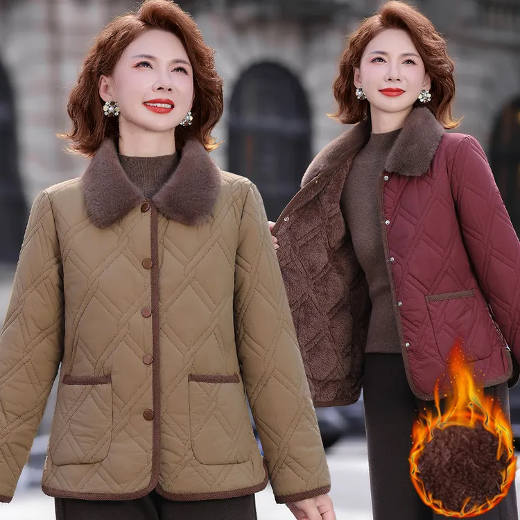 中年妈妈秋冬装加绒保暖外套2025新款中老年女装洋气翻领棉衣短款