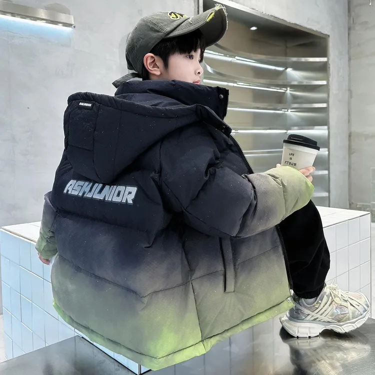 男童冬装羽绒棉服2025新款大童冬装加厚棉袄儿童连帽渐变棉衣外套