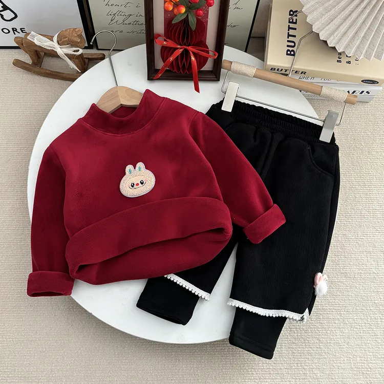 儿童冬季加绒一体绒宝宝新年服卫衣套装加绒加厚韩版假两件裤子