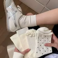 【8双装】奶油风秋季新款波点中筒卷边女款中筒袜子百搭