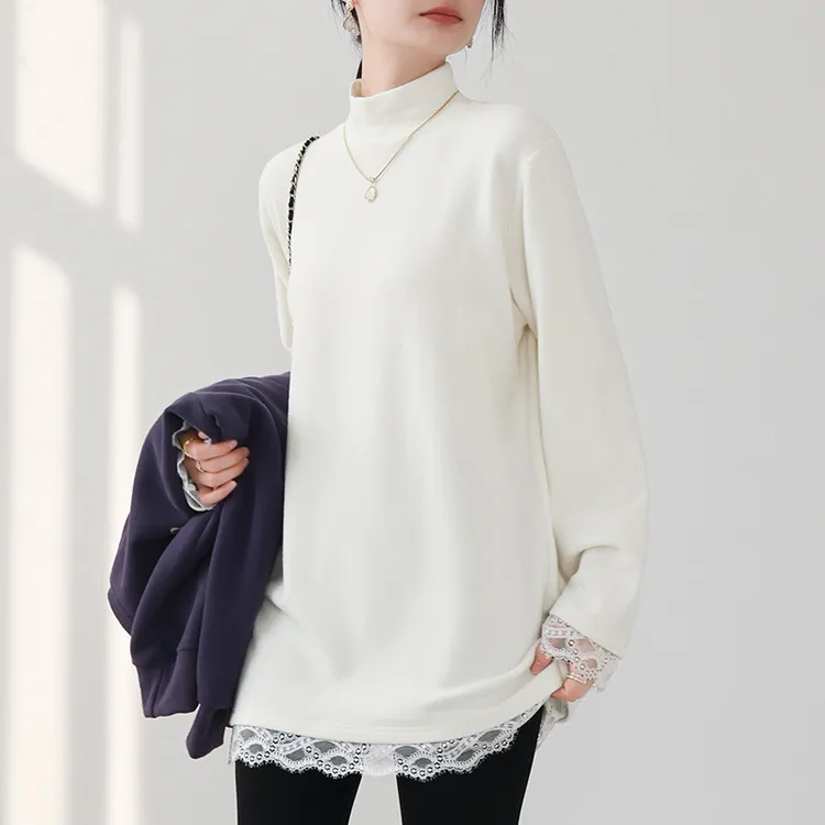 半高领双面德绒打底衫女秋冬加绒白色内搭立领蕾丝拼接韩系上衣
