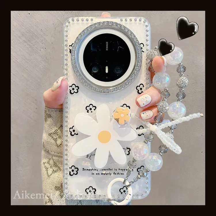 适用华为mate70pro+手机壳水钻镜头框mate60pro+线条花朵旋转支架